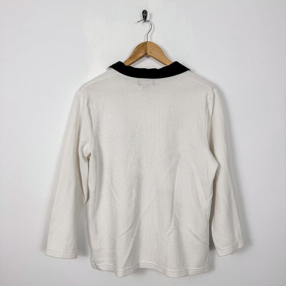 VTG 90s White Christmas Holiday Ornament Ribbon Snowflake Black Collar Cardigan - Picture 4 of 5